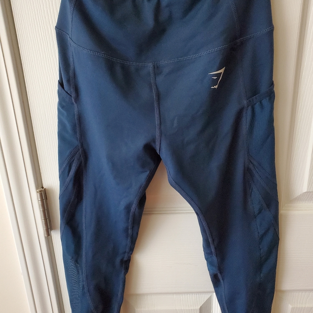 Gymshark cropped blue leggings with some mesh on leg
